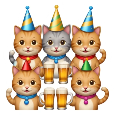 six cats drinking beer at a 40th birthday party with festive decorations, emoji style sticker
