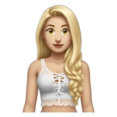 hyperrealistic caucasian female, long straight blonde hair, white lace up crop top, grey mini tight skirt, body view sticker