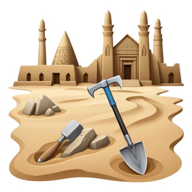 An icon showing archaeological tools—trowel, brush, and pickaxe—laid out on the sand, with the ancient Karnak temple ruins in the background. The design symbolizes exploration and discovery of ancient Egyptian history. Transparent background sticker