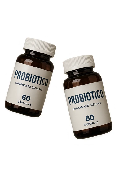 due boccette di integratori con la scritta "PROBIOTICO" SULL'ETICHETTA, FLUTTUANO IN ARIA, realistica 4k sticker