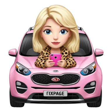a blondie queen Arina in a leopard fur and pink iPhone on her kia Sportage car. blue eyes sticker