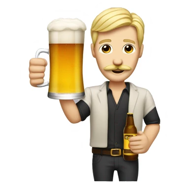 blonde thin guy with a mustache and a beer saying cheers sticker