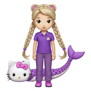 hello kitty wearing purple polo shirt and kyaki pants with long fishtail braids baddie with 2025 efect sticker