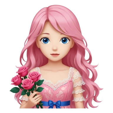 pastel anime woman with pink and white lace dress full body and long hair with roses and blue eyes sticker