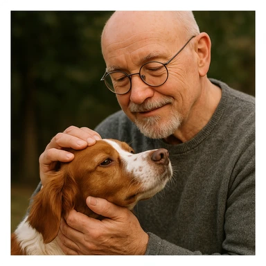 bald old man with round glasses and a grey goatee, petting a Brittany Spaniel, gentle and affectionate vibe sticker