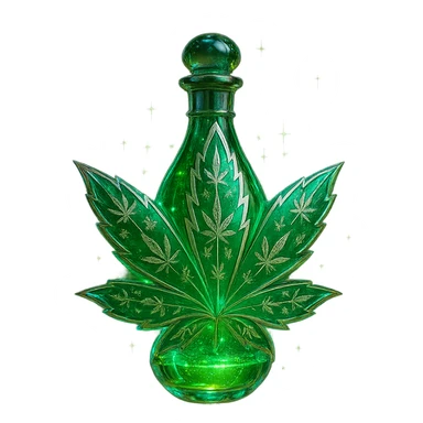 cannabis leaf-shaped luxurious elixir bottle or with cannabis motifs, vibrant green color, iridescent and silver details, maximum intense magical glowing and sparkling effects, very small neck, seamless bottom, transparent background, floating, no base or shadow, modern, matching a collection sticker