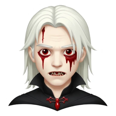 Creat a young man Vampire that have long white hair and white skin and full black eyes and bloody mouth and full black outfit  sticker