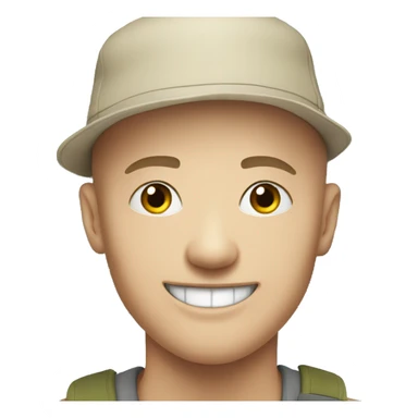smiling white young bald man outdoors with hat sticker