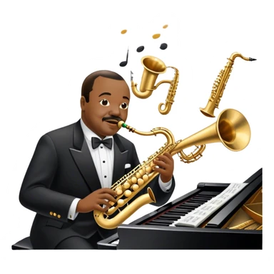 Icon for Jazz Music: Count Basie Orchestra, with Count Basie at the piano surrounded by jazz musicians playing instruments like saxophones, trumpets, and drums. Floating musical notes should capture the energetic and smooth vibe of big band jazz. Transparent background. sticker