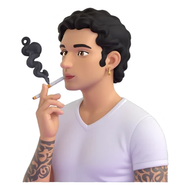 Italian man with tanned skin, curly black hair in short bob style, stubble, olive eyes, gold earring in left ear, white t-shirt, black tattoo on forearm, smoking cigarette sticker