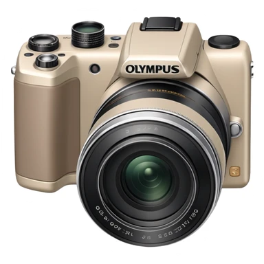 Minimal Olympus Superzoom 70G camera from slight top angle, grayish-beige color, simplified shape with subtle indication of basic camera features sticker