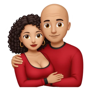 A picture of a tanned couple embracing. the guy is Mexican, with a bald hair cut and he is wearing a red shirt. the girl is mixed, the girl is wearing a black shirt, the girl has curly longer dark brown hair and with big boobs  sticker