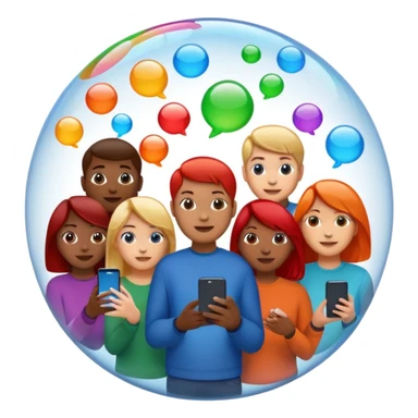 A group of people inside a separate colorful transparent bubble (blue, red, green, orange). They are each holding a smartphone or laptop. the bubbles are slightly overlapping, creating a modern and minimalist look. Realistic emoji style. sticker