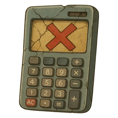 ghibli style broken calculator with a big red cross sticker