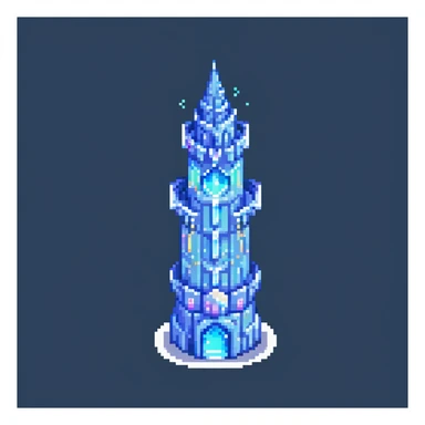 Magical ice tower home for a penguin wizard with glowing windows and magical aura sticker