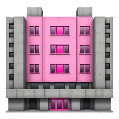 Wide brutalist concrete building with a central bright pink window surrounded by multiple regular windows sticker