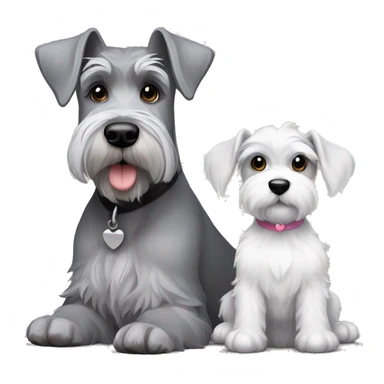 A big gray schnauzer with dark eyes next to a small all white puppy schnauzer sticker