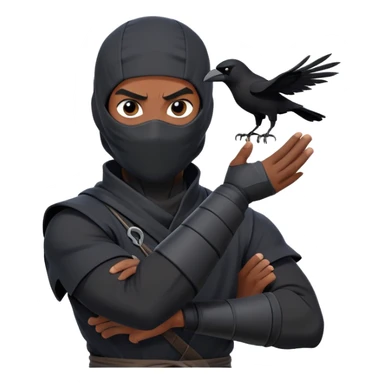 clash-of-clans-aesthetic_-cinematic-mysterious-male-ninja-portrait-emoji, rendered in a flat, vector-style with minimal shading and bold, simplified shapes, his arm is stretched out  with a head slightly turned revealing intense, focused eyes. the ninja has his arm out and perched on top of his forearm is  a black crow sticker