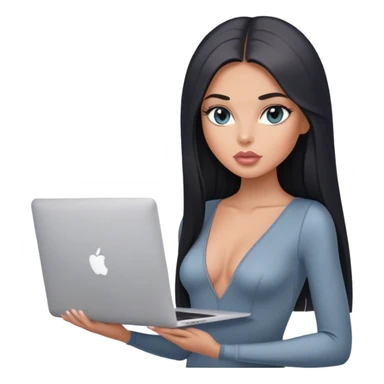 Glamours, tanned, very beautiful girl, with big pump peach-beige-rose lips, black straight smooth silky long hair, straight parting, blue-grey eyes, in grey bodysuit holding MacBook sticker