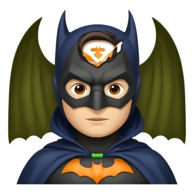 generate a batman emoji with just the face and neck showing and part of the cloak and and wings. Shade the bat logo on the chest in a bright  olive green. Shade the mask in dark navy blue.  Shade the cloak in a solid vibrant orange.  sticker