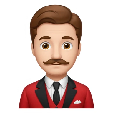 brown haired man with chaplin-mustache and red suit sticker