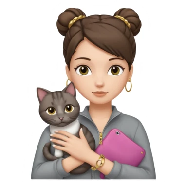 a white girl with brunette hair in a one single bun holding a grey cat. the girl has long lashes and has on a grey zip up that is half way zipped  and under a white shirt and gold jewelry that is gold bracelets. sticker