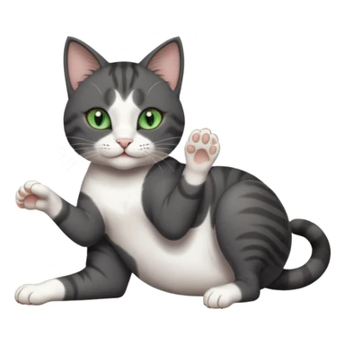 beautiful female solid dark grey cat with green eyes, white toes/paws and white patch on her chest playfully rolling upside down sticker