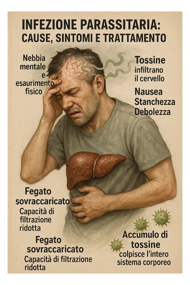 "Man feeling increasingly unwell as his liver fails to filter toxins, nausea, tiredness, and weakness overwhelming him as toxins infiltrate his brain causing confusion and irritability Parasitic Infection: Causes, Symptoms & Treatment, expression of mental fog and physical exhaustion, liver shown as overworked organ with reduced filtration capacity, toxic buildup affecting entire body systems" in italiano sticker