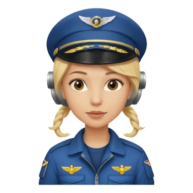 A female pilot with light skin and blonde hair under her cap sticker
