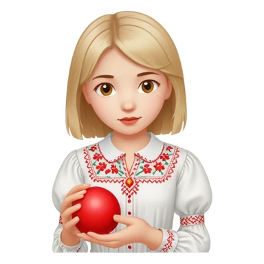 Ukrainian young girl in a white embroidered shirt holds a red ball of thread in her hand sticker