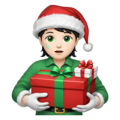 appears to be a naughty list with the words "NAUGHTY" written on top of it. It is sad with tears and wearing a Santa hat and has green boots and gloves. It is holding a present-looking chest in it's hands with coal inside. sticker