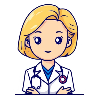 blonde woman kinesiologist in medical uniform with thoughtful face sticker