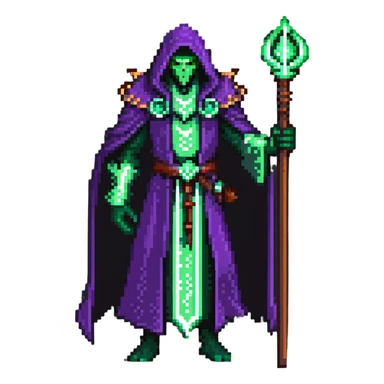 warlock with purple robes, green fel magic, demonic energy, holding a staff, World of Warcraft character sticker