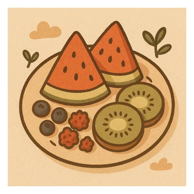 a plate with sliced watermelon, kiwi, and berries, in flat warm colors illustration style sticker
