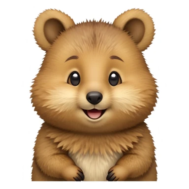 cinematic-quokka-realistic-emoji,-small-round-frame-balanced-on-tiny-strong-hind-legs,giant-fluffy-cheeks-large-smile-fluffy-brown-fur-radiating-a-warm-softness,-big-round-eyes-filled-with-joy, realistic emoji zoomed in sticker