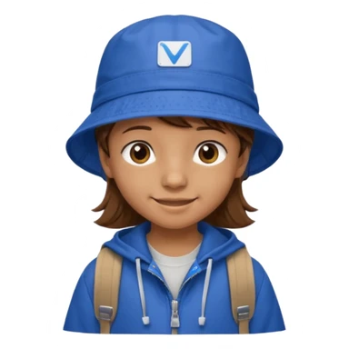 Little student, brown hair, wears blue bucket hat and jacket, backpack, shy sticker