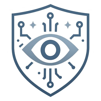 sleek professional logo with geometric abstract eye at center of shield, surrounded by digital circuit motifs subtle stars, dark blue gray metallic silver palette, minimalist futuristic authoritative suitable for defense intelligence branding sticker