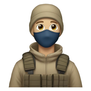 White male, face mask, tan tactical gear, combat boots, black beanie, blue eyes sticker
