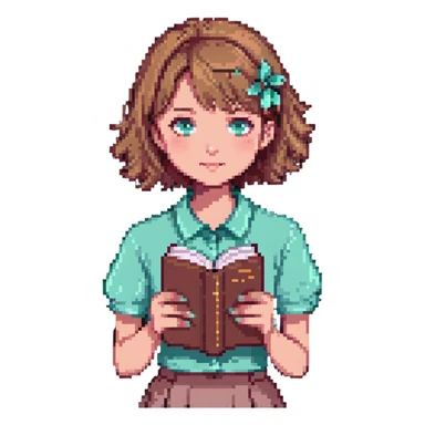 A girl with short light brown hair holding a pink book, wearing a mint shirt sticker