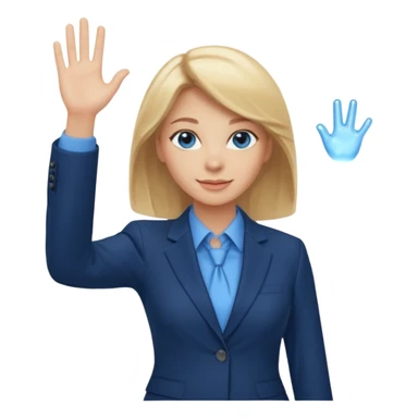 Make emoji of business woman with light skin and medium blonde hair in a dark blue business suit and light blue shirt waiving to new clients.  Woman should have sparkling blue eyes. sticker