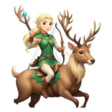 clash-of-clans-aesthetic-blond-elf-archer-portrait-emoji, rendered in a flat, vector-style with minimal shading and bold, simplified shapes, head tilted slightly forward with a determined, focused expression, riding a majestic stag whose luminous antlers glow with mystical energy, set against an ancient, enchanted forest backdrop. sticker