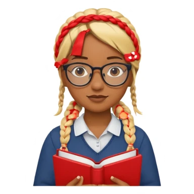 A student, girl, brown skin, braid blonde hair, wearing glasses, hold red book in front of their chest sticker