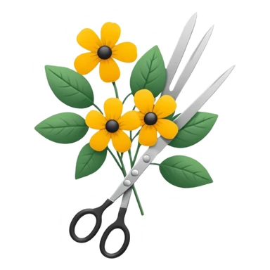 Minimalistic flat vector icon, iOS style, thin black contour on white background. Flower bouquet with leaves and scissors. No text, no shadows. sticker