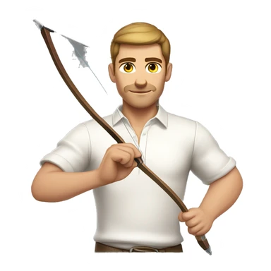 a male archer bending a bow, wearing a white shirt, very short brown hair, bright skin, only show upper part of the body from waist up sticker