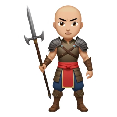 full body Hun warrior inspired by Mulan, barbaric, bald head, thick eyebrows, scowling, dark battle gear, wild appearance sticker