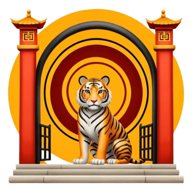 Traditional Chinese ink painting style emoji. A powerful tiger (like the ancient character 虎), standing guard in front of mystical gates (門). Energy swirls around him like a vortex (🌀). Minimalist, transparent background, 512x512 pixels. sticker