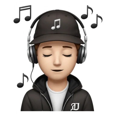 dj man white with baseball cap - rayban Sun Glasses 80s - brown hair - closed eyes with headphones on with musical note over head (listening to music ) - eyes closed no glasses - black hat  musical notes floating around head - DJ DLG written on hat sticker