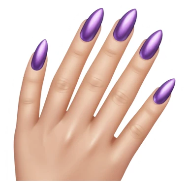 Close-up of a hand with long almond-shaped nails, deep lilac chrome shimmer polish, glossy finish sticker