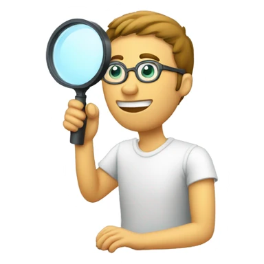 man using magnifying glass to read a computer monitor sticker