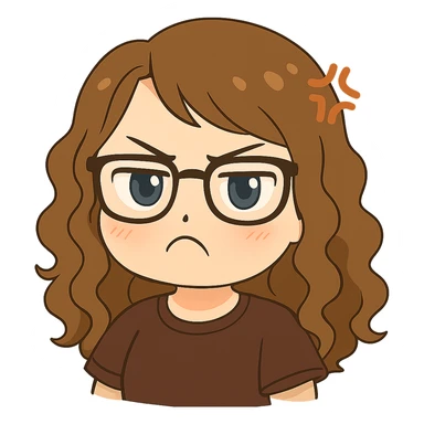 Create a chibi sticker emoji of the person in the reference image with glasses and curly hair, pouting and looking mad. The style should be cute and expressive with a transparent background. sticker